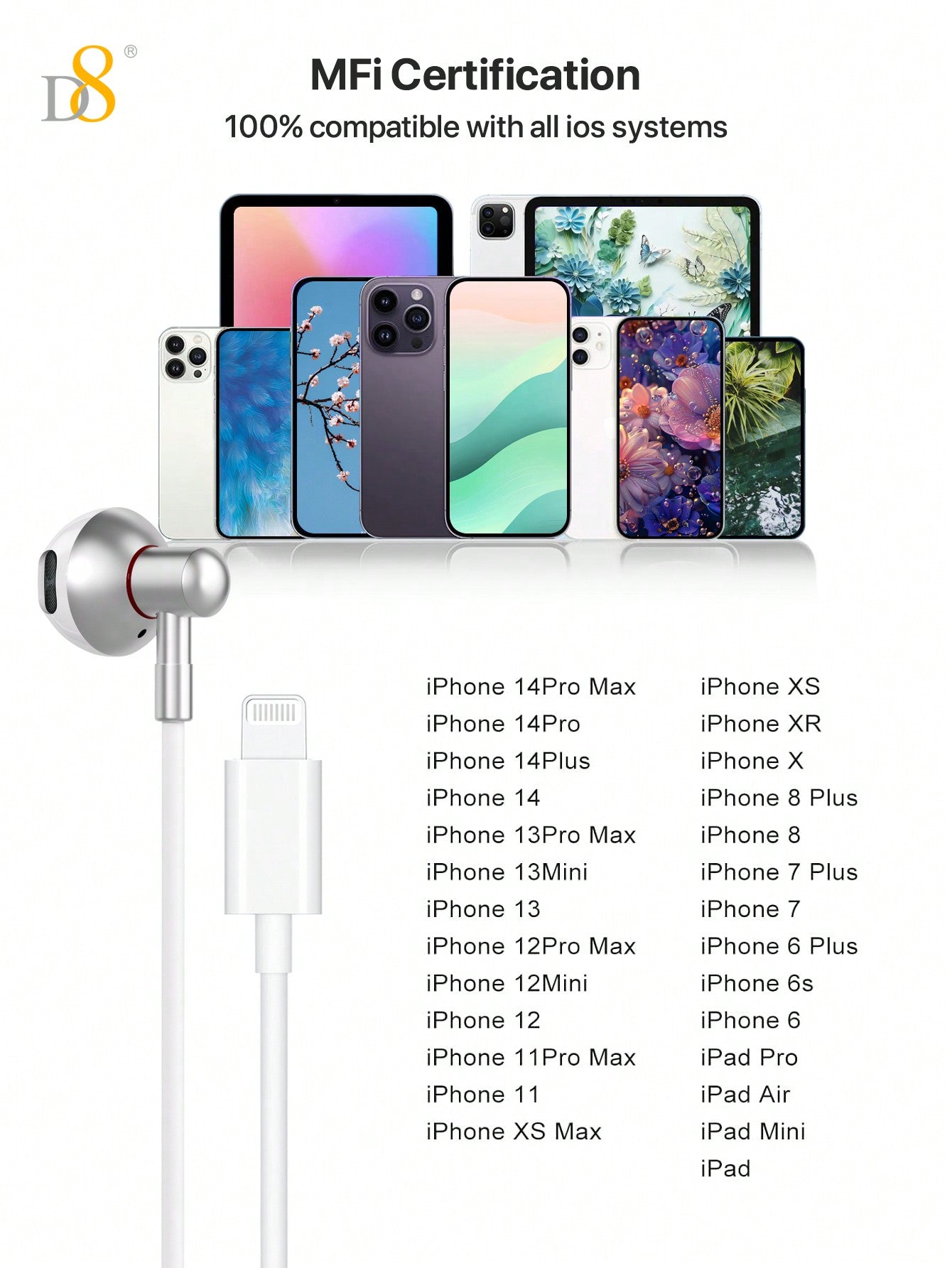 D8 Lightning Headphones With Lightning Connector Headphones Iphone Wired In-Ear Earphones With Microphone- IPhone Headphones - Apple Headphones - Apple Wired Earbuds Compatible With Iphone, IPads & All Products With Lightning Connector Wired Ear Buds