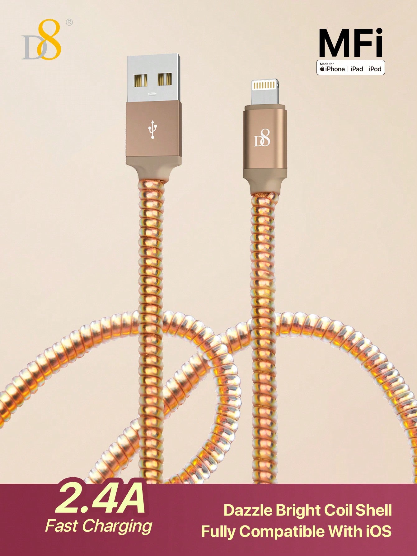 D8 USB-A To Lightning Charger Cable, MFi Certified Charger Cable , TPU(1M)USB 2.0 Lightning Charger Cable, 2.4A Fast Charging