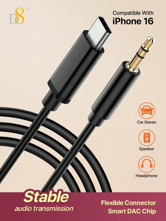 D8 USB C To 3.5mm Audio Aux Jack Cable (3.3ft), Type C To 3.5mm Headphone Car Stereo Cord Compatible With IPhone 16 Pro Max 15 Pro Max, Galaxy S24 S23 S22 S21 Note 20, Pixel 4 5 XL, IPad Pro