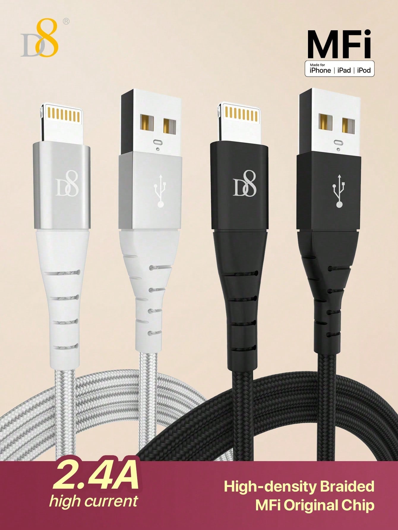 D8 IPhone Charger Cable,(2 Packs 3.3FT) USB A To Lightning &[ New Nylon USB A To Lightning] MFi Certified Charger Cable