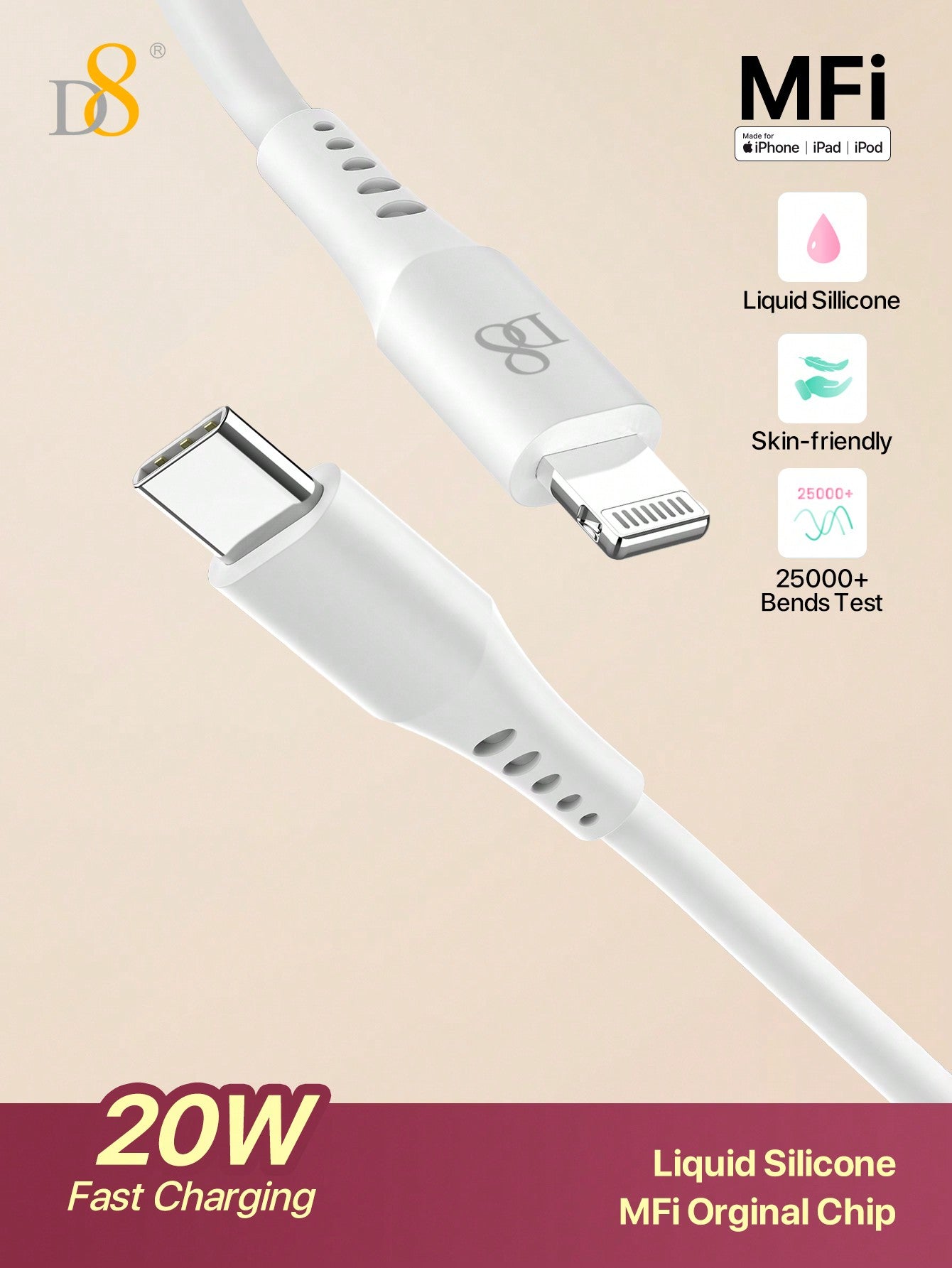 D8 USB-C To Lightning Charger Cable MFi Certified Charger Cable Silica Gel 1.2M USB 2.0 Lightning Charger Cable, 2.4A Fast Charging Compatible With IPhone 14 Pro/13 Mini/13/12/11 Pro MAX/XR/XS/8/7/Plus/6S/SE/X Xs Pro,Pro MAX, Plus, IPad D8 Wireless Chargi