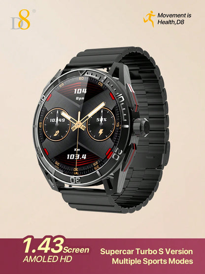 D8 1Pc Multi-sport Mode Fitness watch compatible with Android iPhone, sturdy waterproof 1.43 "men's