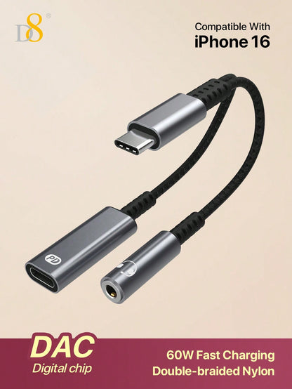 D8 USB-C Audio & Charger Adapter – 2-in-1 60W PD Dongle for iPhone, iPad, Galaxy