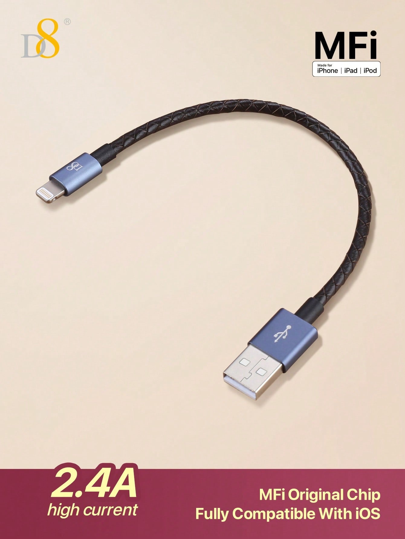 D8 Leather iPhone Charging Cable – MFi Certified, Short USB-A to Lightning, 0.2m Fast Charger