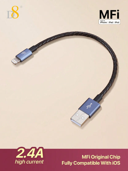 D8 Leather iPhone Charging Cable – MFi Certified, Short USB-A to Lightning, 0.2m Fast Charger