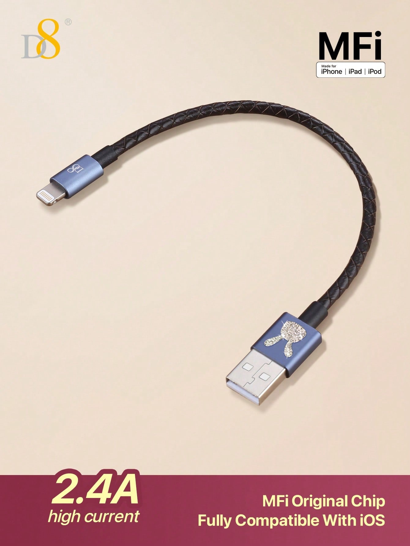 D8 Leather iPhone Charging Cable – MFi Certified, Short USB-A to Lightning, 0.2m Fast Charger