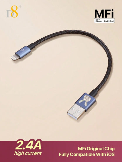 D8 Leather iPhone Charging Cable – MFi Certified, Short USB-A to Lightning, 0.2m Fast Charger