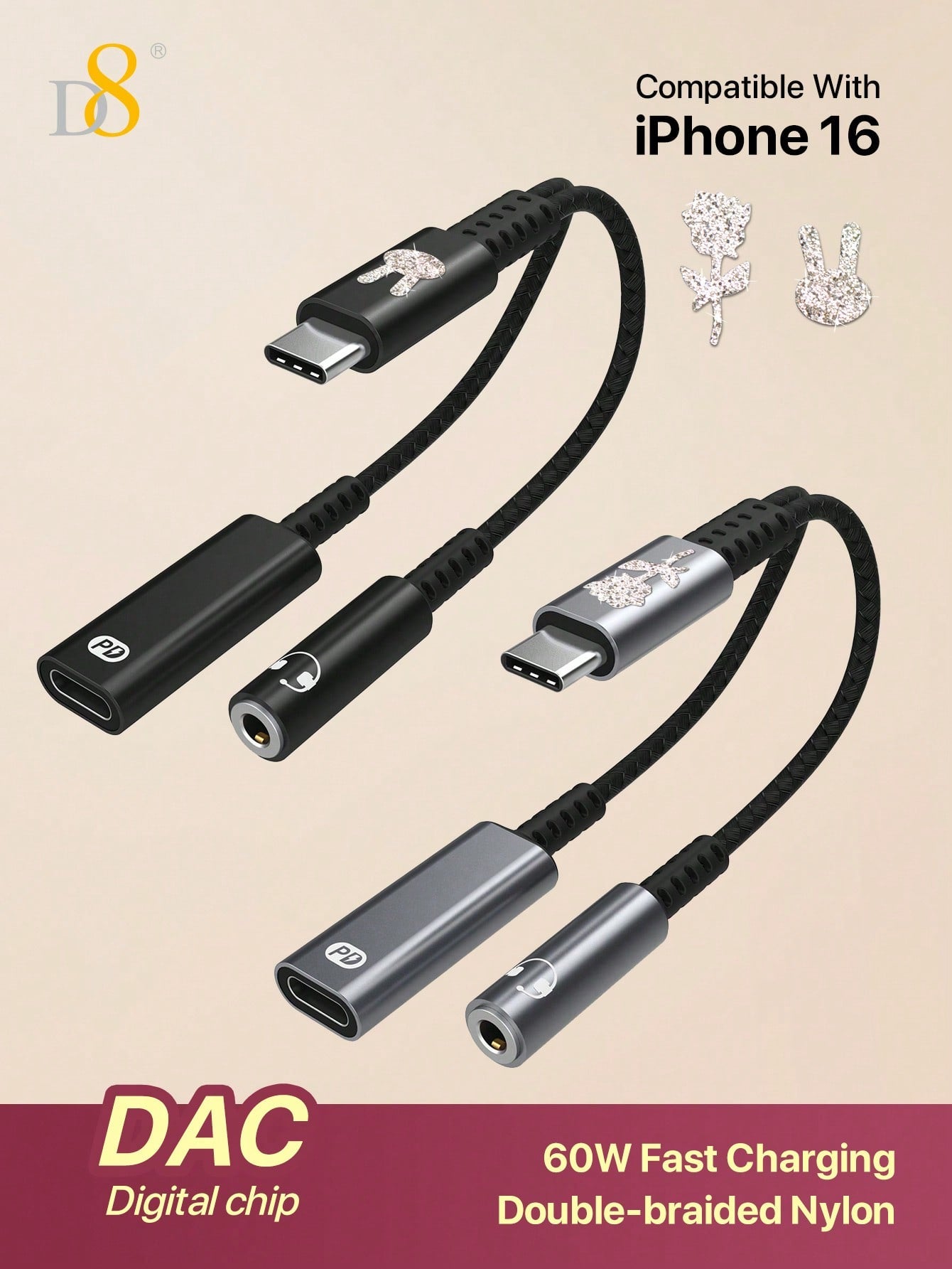 D8 USB-C Audio & Charger Adapter – 2-in-1 60W PD Dongle for iPhone, iPad, Galaxy