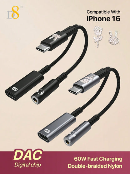 D8 USB-C Audio & Charger Adapter – 2-in-1 60W PD Dongle for iPhone, iPad, Galaxy