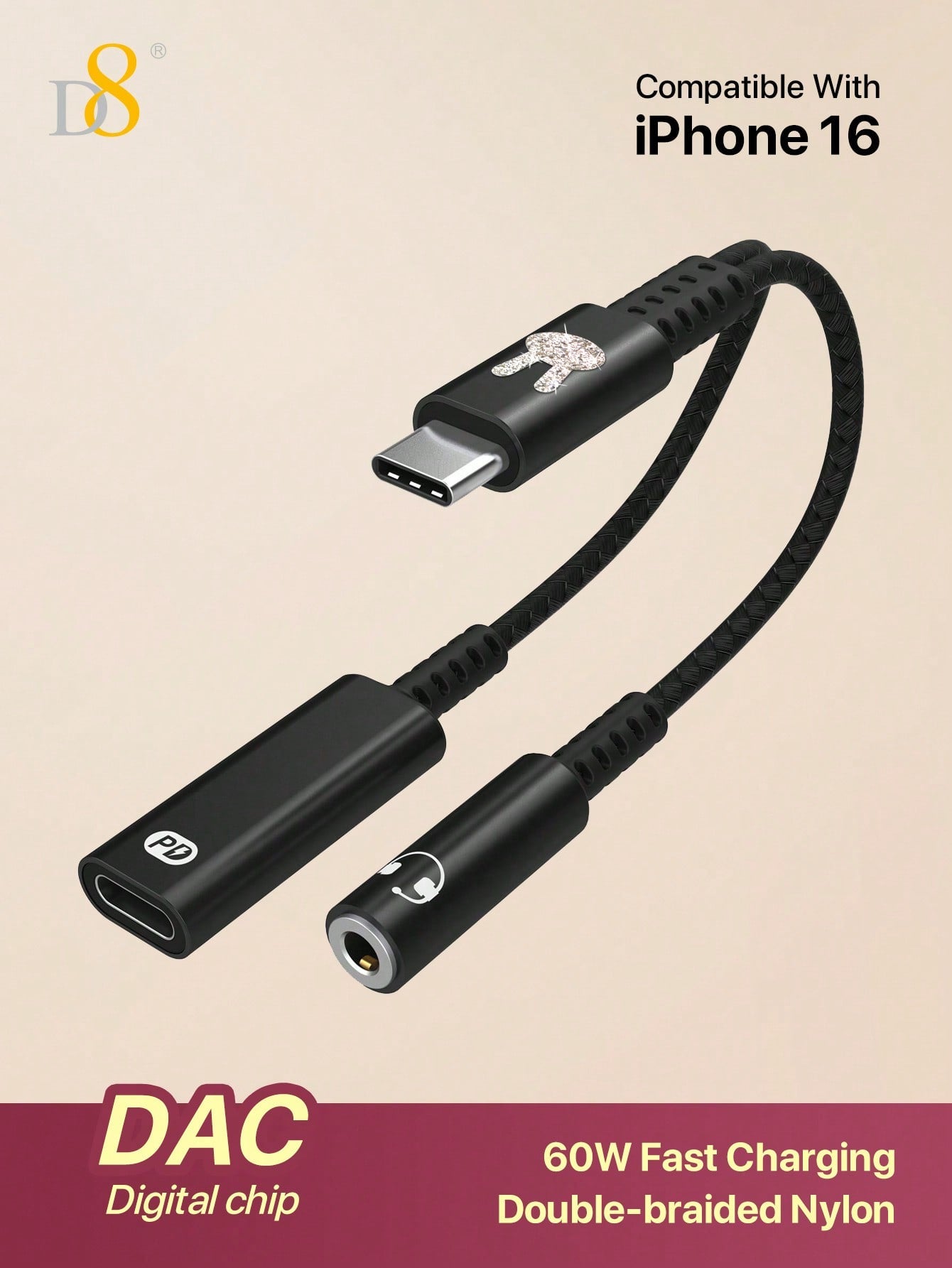 D8 USB-C Audio & Charger Adapter – 2-in-1 60W PD Dongle for iPhone, iPad, Galaxy