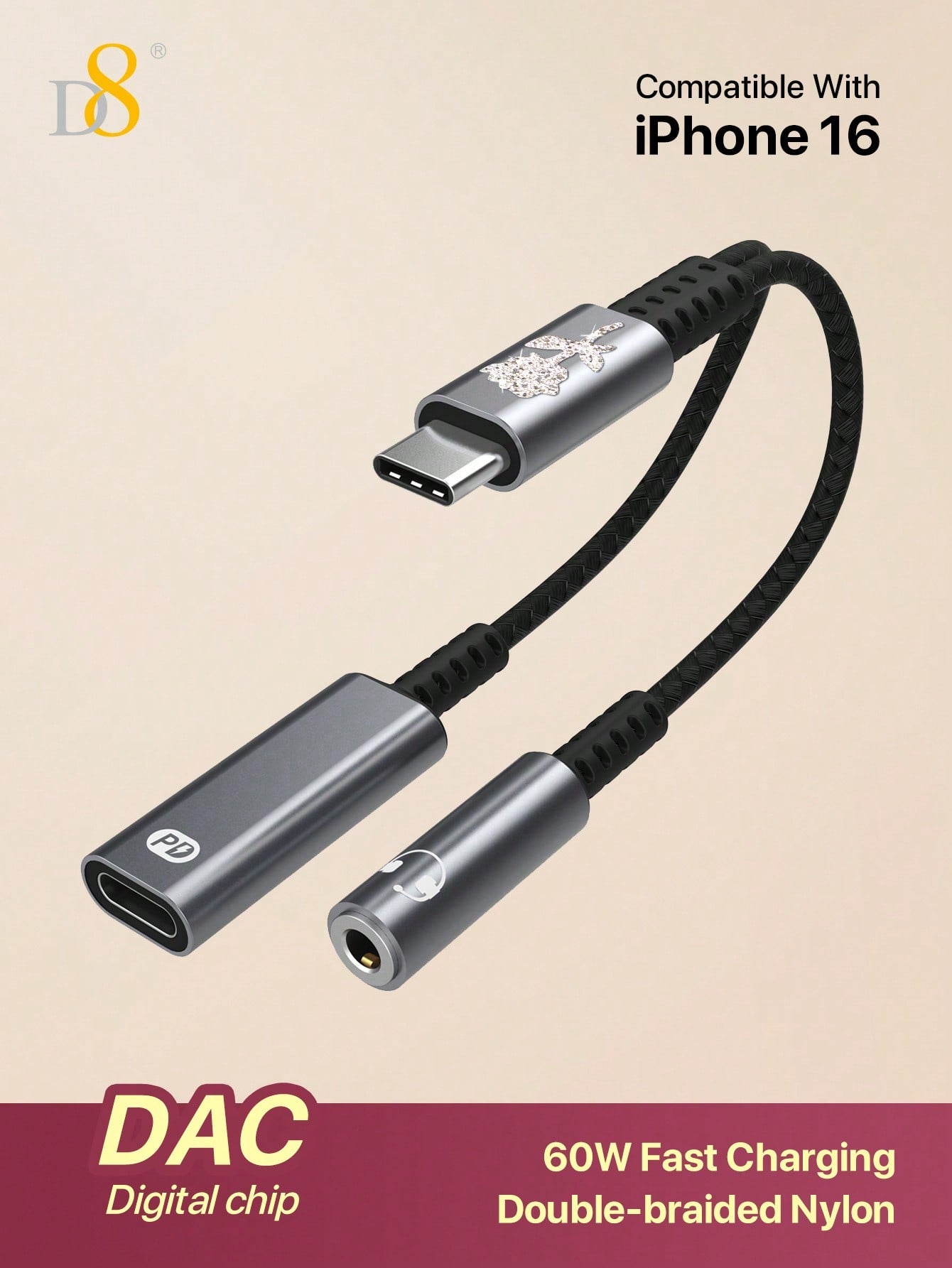 D8 USB-C Audio & Charger Adapter – 2-in-1 60W PD Dongle for iPhone, iPad, Galaxy