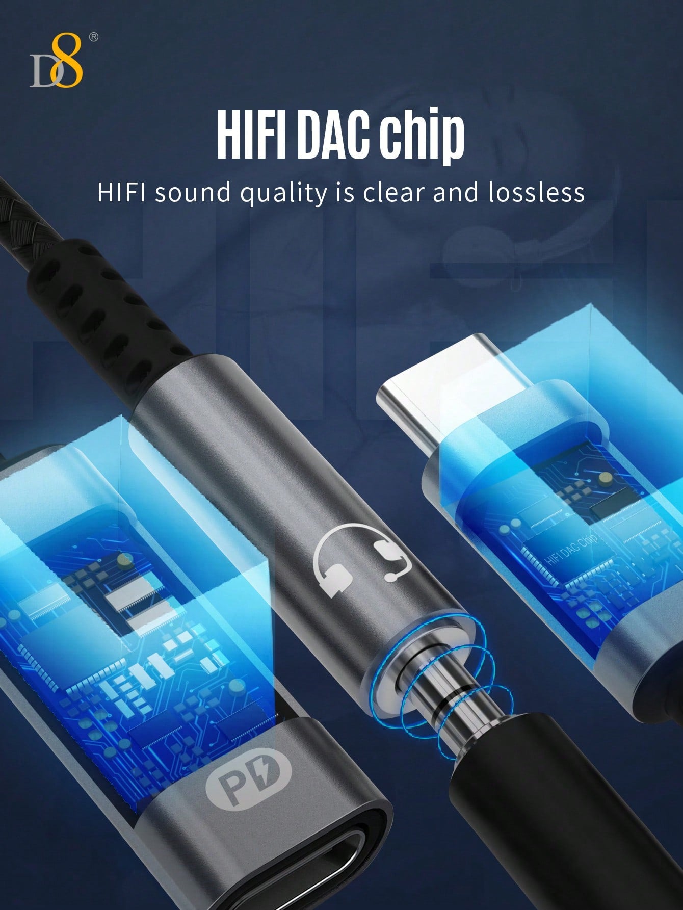 D8 USB-C Audio & Charger Adapter – 2-in-1 60W PD Dongle for iPhone, iPad, Galaxy