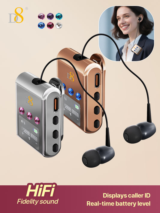 D8 Retractable Wireless Headset – 20H Talk Time, Noise-Canceling Mic, Clip-On for Driving & Workouts