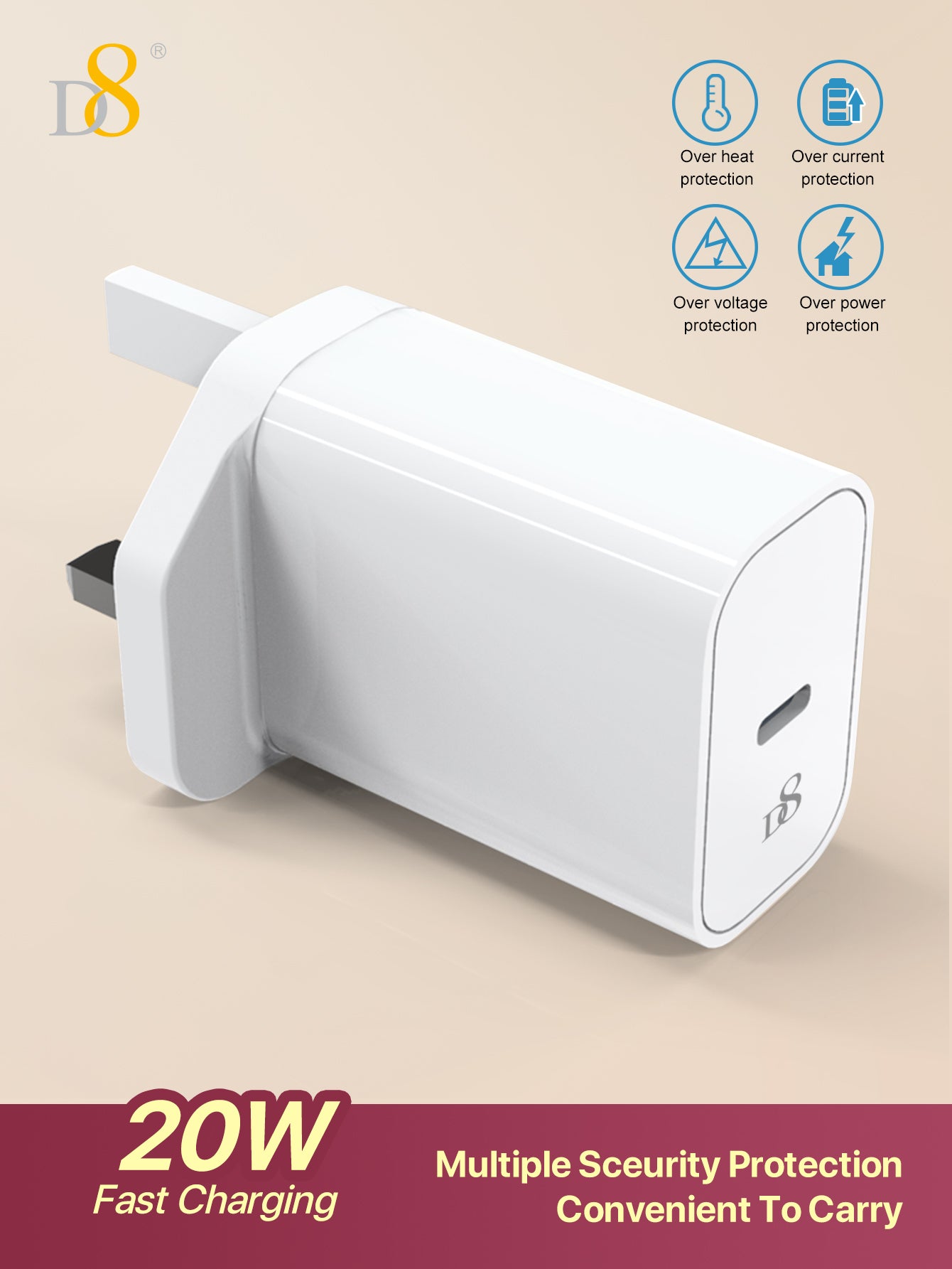 D8 1Pc Fast Charging Block 20W USB C Wall Charger Plug Blocks With PD 3.0 Type C Adapter, Compatible With Iphone 16/16pro/15/15Pro/14/14 Pro/14 Plus/14 Pro Max/13/12/11 Pro Max/Pro/Mini/ IPad Pro/(White)