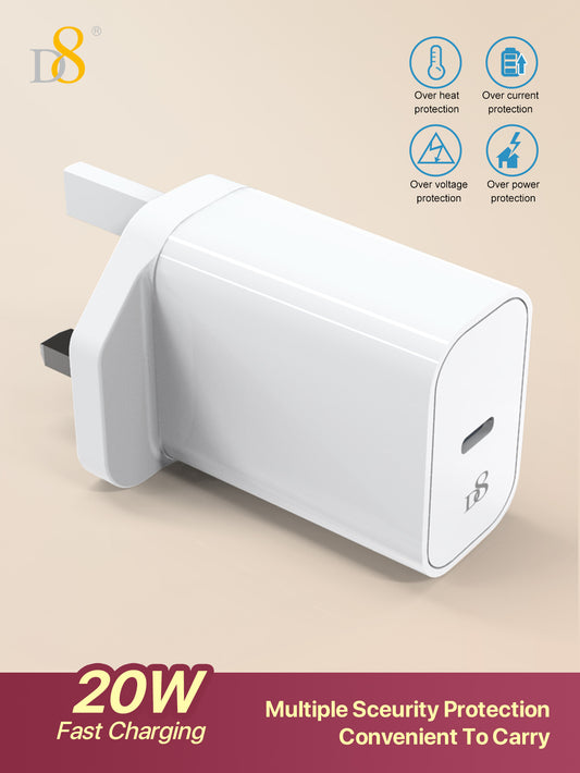 D8 1Pc Fast Charging Block 20W USB C Wall Charger Plug Blocks With PD 3.0 Type C Adapter, Compatible With Iphone 16/16pro/15/15Pro/14/14 Pro/14 Plus/14 Pro Max/13/12/11 Pro Max/Pro/Mini/ IPad Pro/(White)