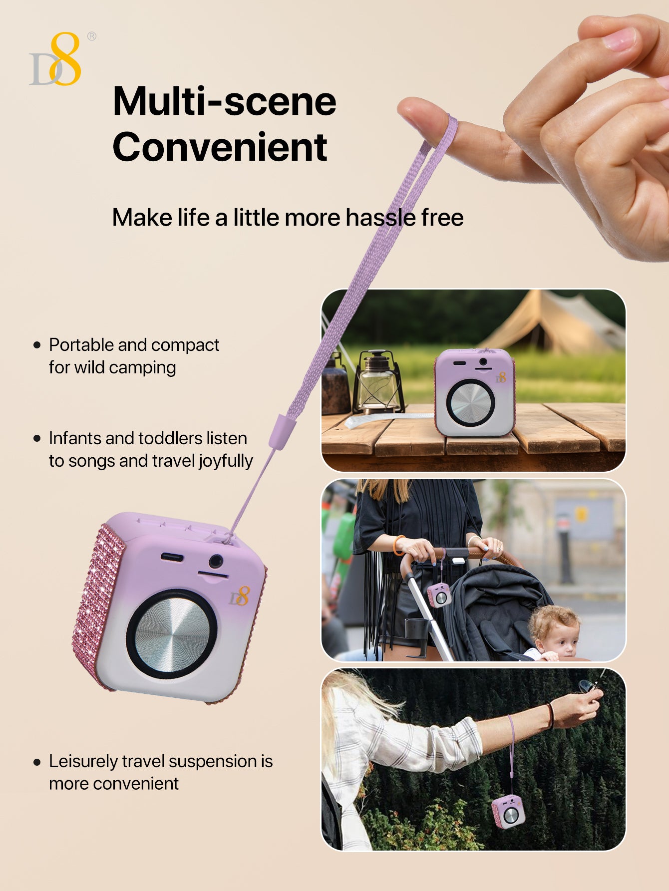 D8 Portable Bluetooth Speaker – 10H Playtime, 5W Stereo Sound, Mic, Outdoor Ready