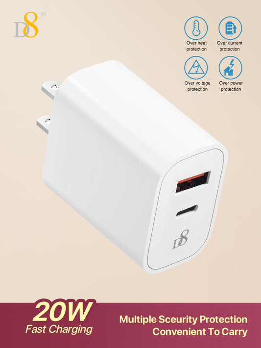 D8 1Pc  USB C Charger 20W PD Fast Charger Block, Type C Dual Port Wall Charger Power Adapter Compatible With IPhone 15/15 Pro/15 Pro Max/14 Pro Max/13/12/11, IPad Pro/Air, Airpods Pro/Max,Samsung Galaxy And More