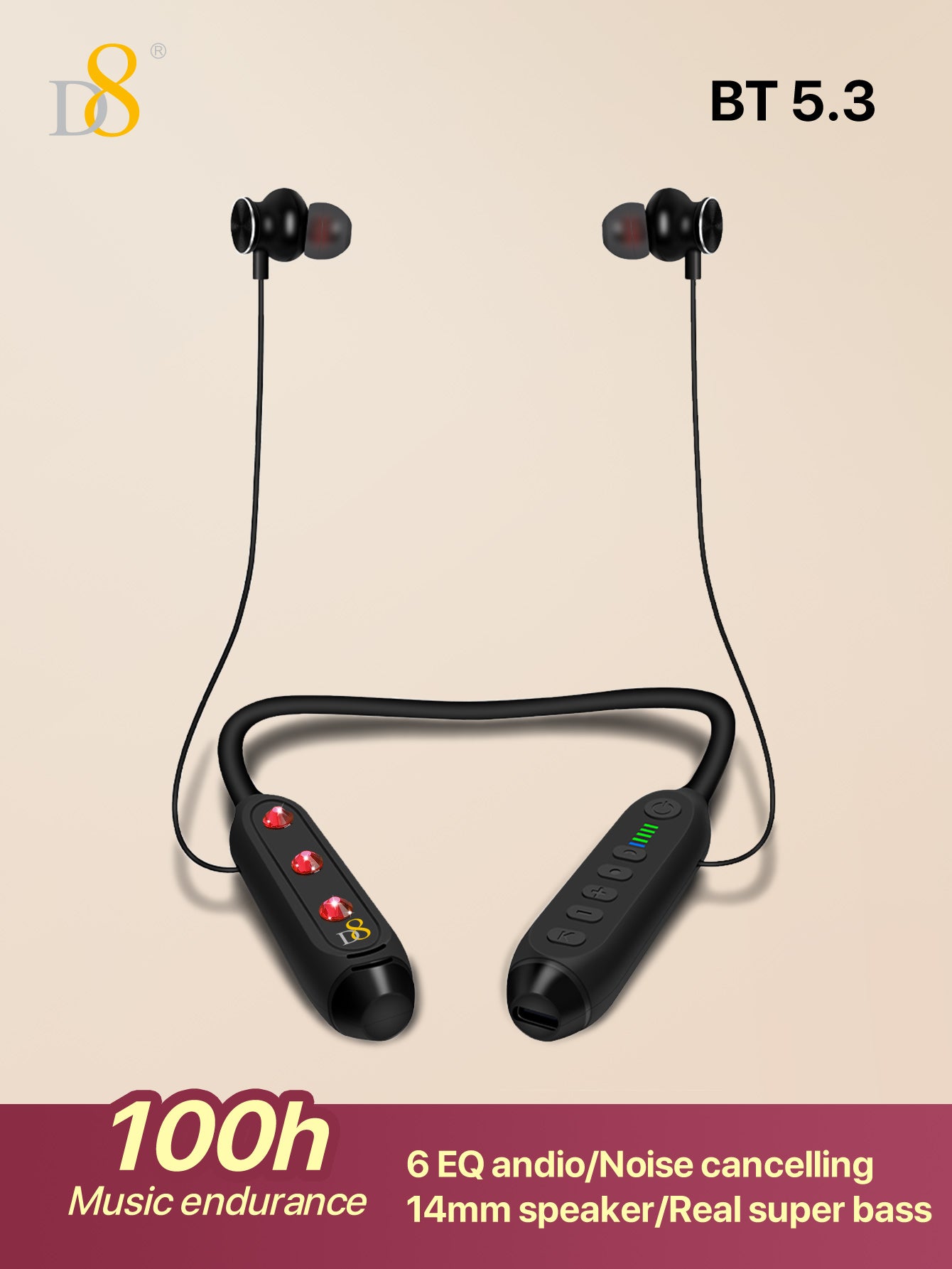 D8 Neckband Wireless Headphones – 100H Playback, Waterproof, Mic, Workout Ready