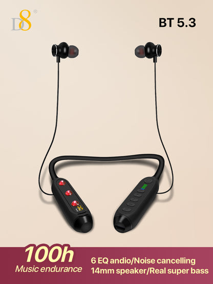 D8 Neckband Wireless Headphones – 100H Playback, Waterproof, Mic, Workout Ready