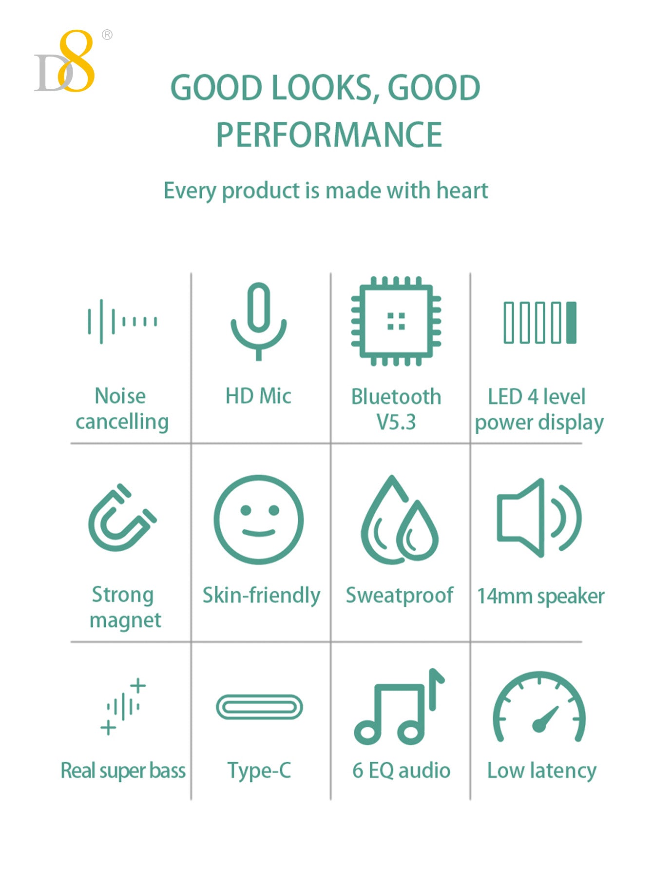 D8 Neckband Wireless Headphones – 100H Playback, Waterproof, Mic, Workout Ready