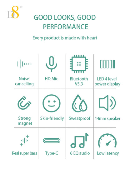 D8 Neckband Wireless Headphones – 100H Playback, Waterproof, Mic, Workout Ready