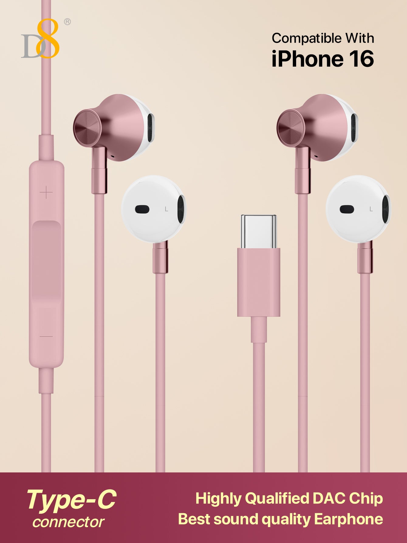 D8 2pcs Type C Headphones In Ear Earphones Earbuds With Mic And Volume Control, Compatible With IPhone16 Pro / IPhone 16 Pro Max/15 Accessories/15Puls/15Pro/15Pro Max/IPad Air 4/5/IPad Pro 12.9/11, IPad Pro /IPad Air/ IPad Mini/ Galaxy S23 S22 S21 Ultra N