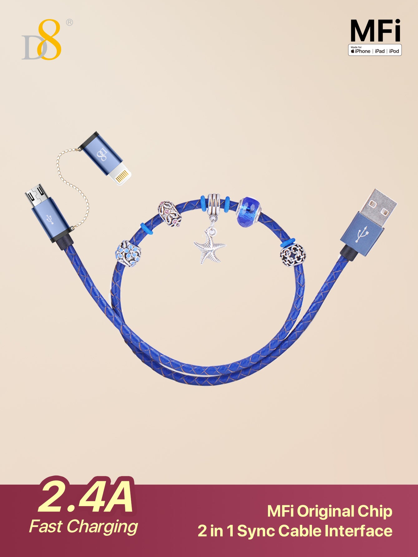 D8 DIY Handmade Beaded Fashion MFi Certified Authorized Data Cable, Apple MFi Certified 2 In 1 IPhone Charger Lightning Cable And Micro USB To USB Charger Cord, Compatible With IPhone 14 Pro/13 Mini/13/12/11 Pro MAX/XR/XS/8/7/Plus/6S/SE/IPad, Android Data