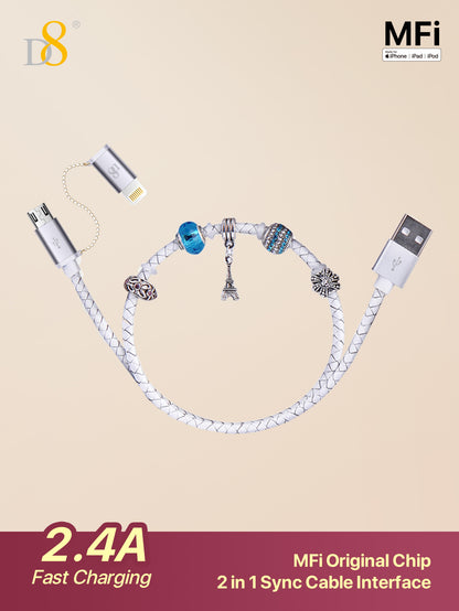 D8 DIY Handmade Beaded Fashion MFi Certified Authorized Data Cable, Apple MFi Certified 2 In 1 IPhone Charger Lightning Cable And Micro USB To USB Charger Cord, Compatible With IPhone 14 Pro/13 Mini/13/12/11 Pro MAX/XR/XS/8/7/Plus/6S/SE/IPad, Android Data