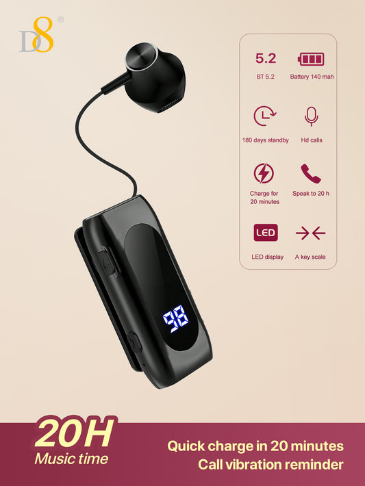 D8 1pc Retractable Wireless Headset ,LED Display Over-Ear Buds,Headphone Stereo Earphone  Noise Cancelling Mic Clip On Earpiece Comfortable HandsFree Headset 20Hrs Talking Time Sports Business Trucker Driver Earbud