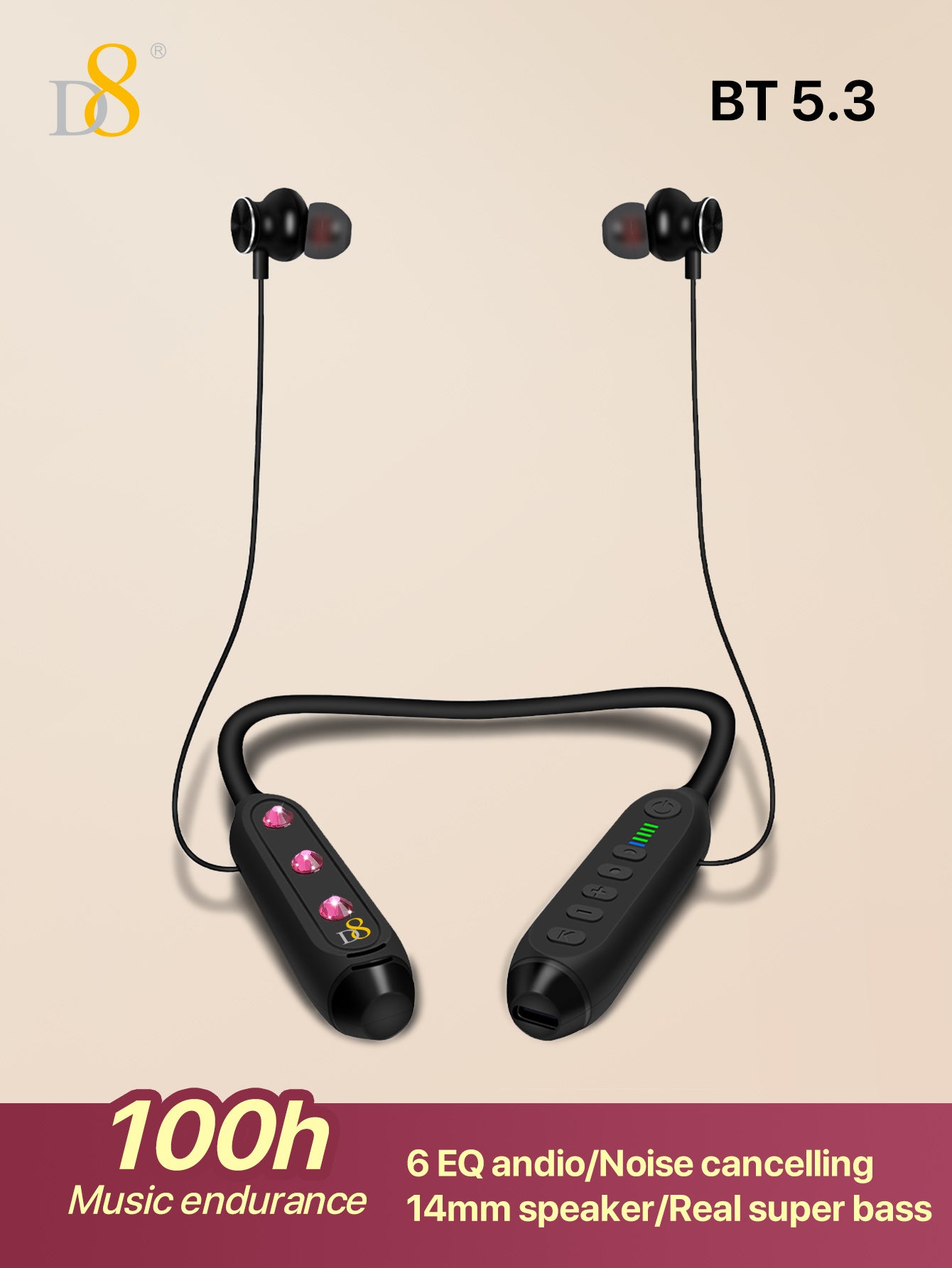 D8 Neckband Wireless Headphones – 100H Playback, Waterproof, Mic, Workout Ready