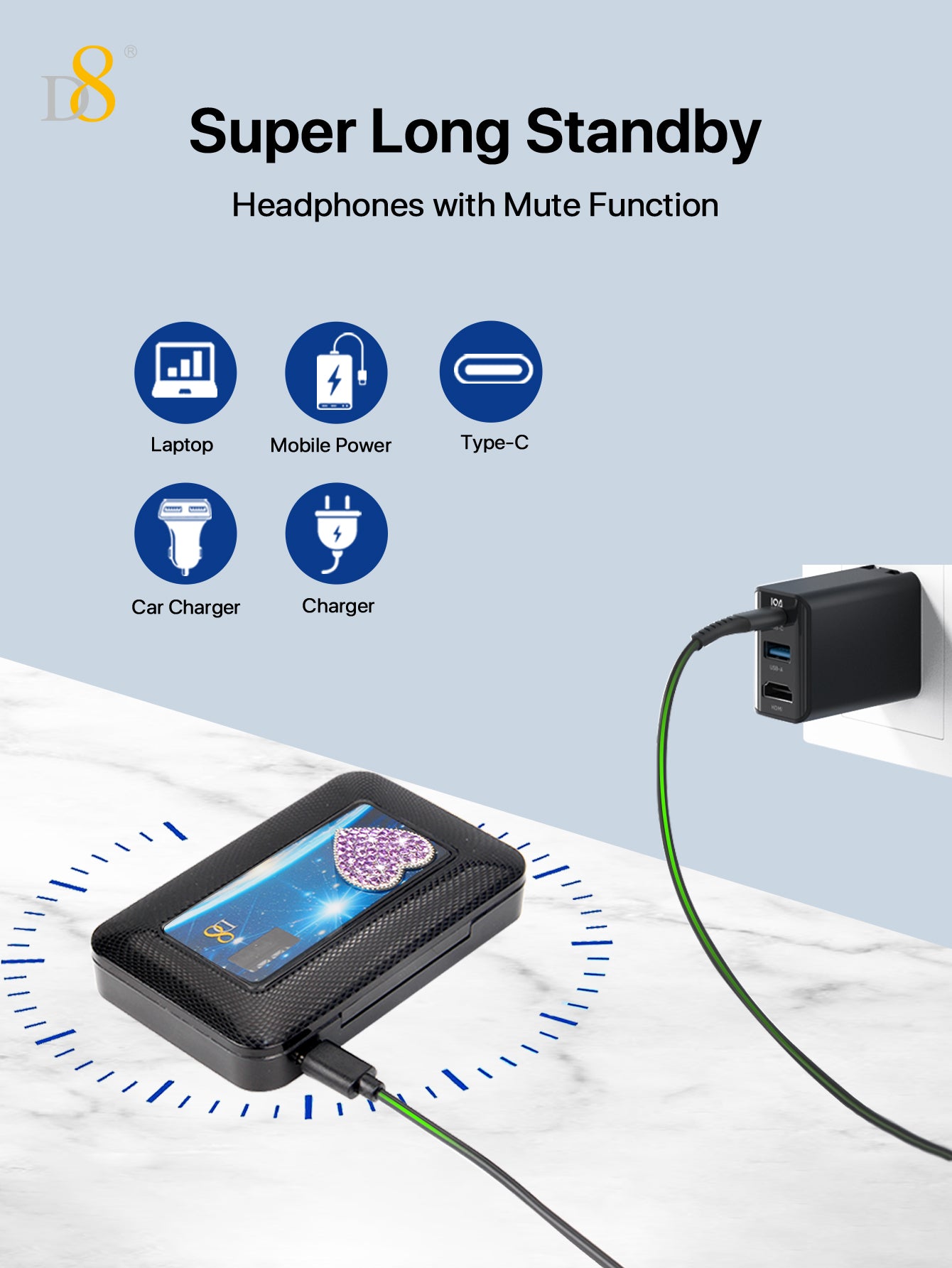D8 Wireless Earbuds with LED Display – 300H Battery, Over-Ear Hooks, Workout Ready