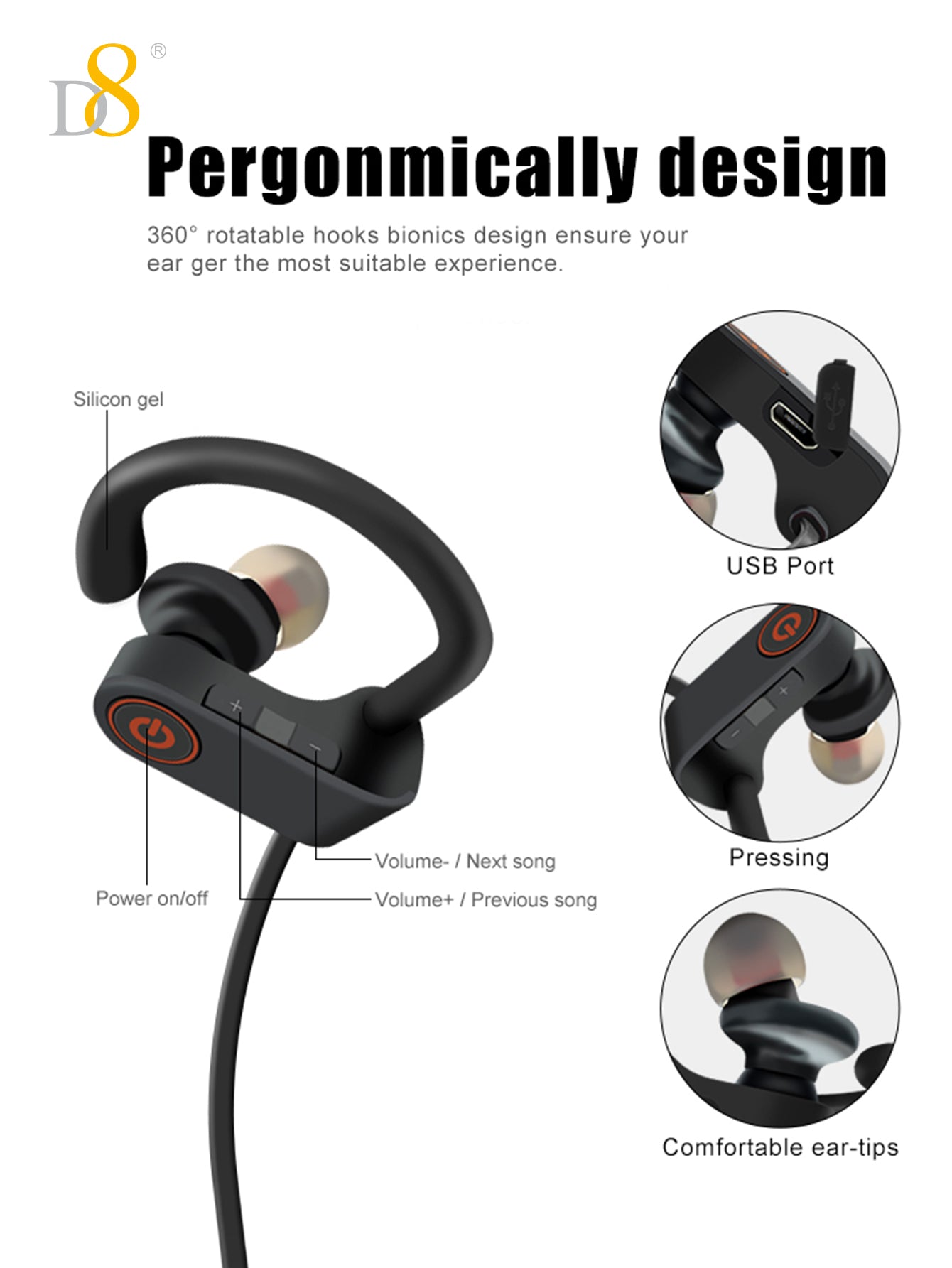 D8 Sports Headphones, Wireless Earbuds with 10 Hours Playtime BT5.3 Wireless Headphones HD Deep Bass Stereo Sound  Earphones for Gym Running Workout