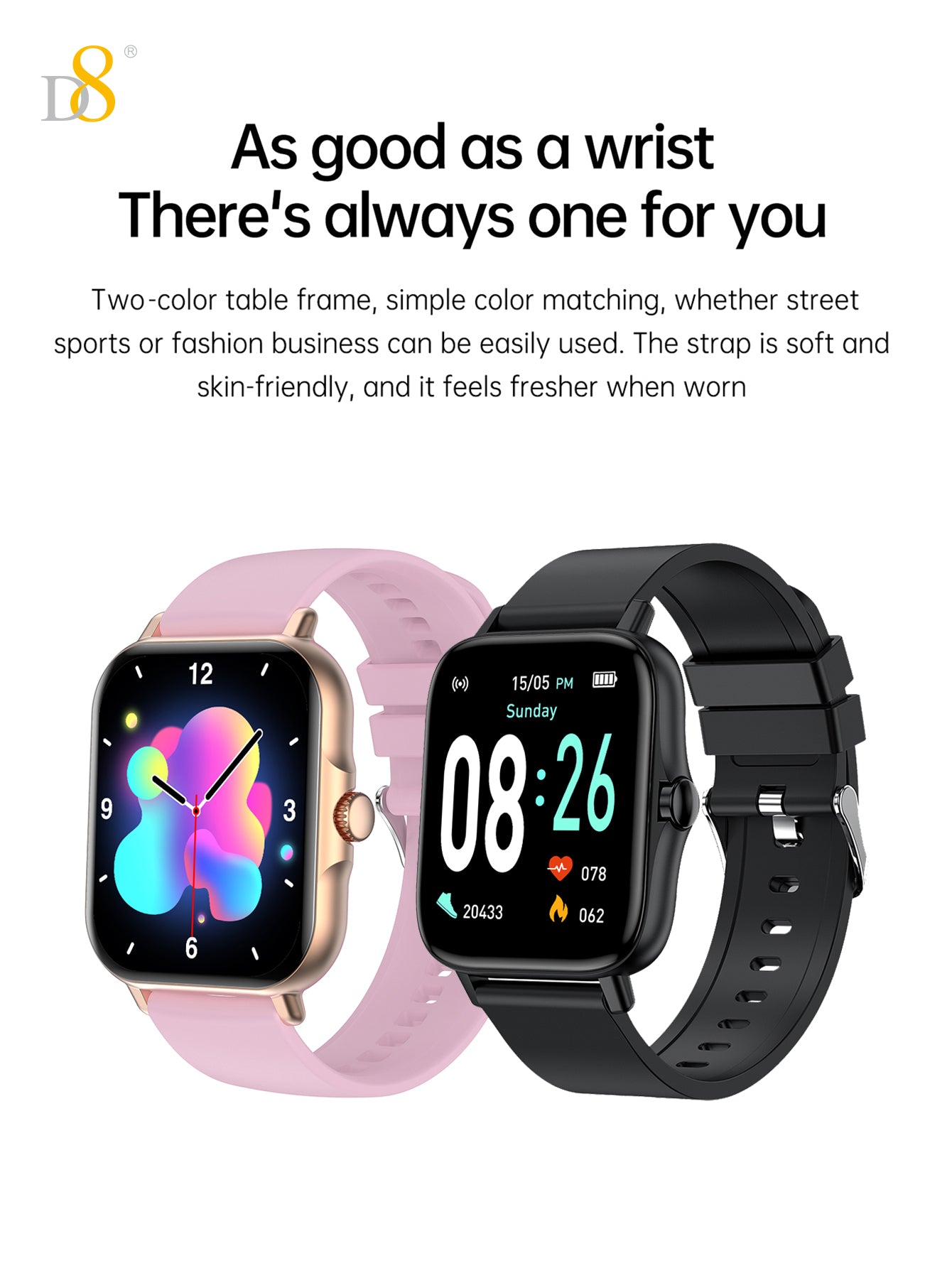 D8UP3 スマートウォッチ、通話機能、健康モニタリング、スポーツ検出、男性と女性向けのフィットネストラッカー、iOSとAndroidに対応