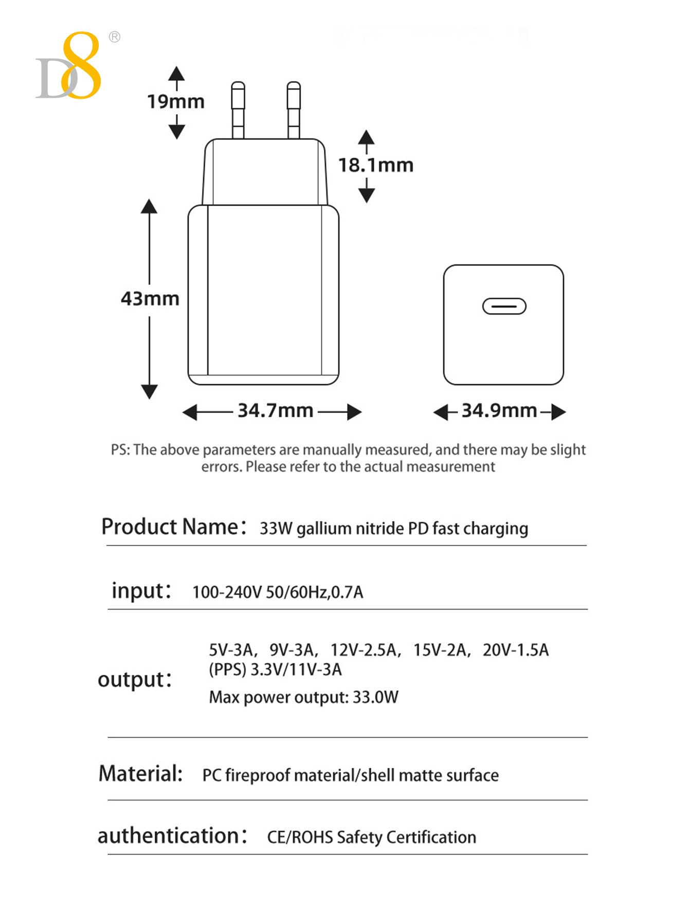 D8 1Pcs 33W USB C Charger,  Compact Fast Wall Charger Block, USB-C Power Adapter,Compatible with iPhone 15 / 15Pro / 15Plus / 15ProMax/Samsung Galaxy S23 S22 S21 S20 Plus Ultra, Note 20 10 9 8/ S10 S9 S8 Pixel 6 5 4 Pro X,Google Pixel 7, MacBook Air, iPad