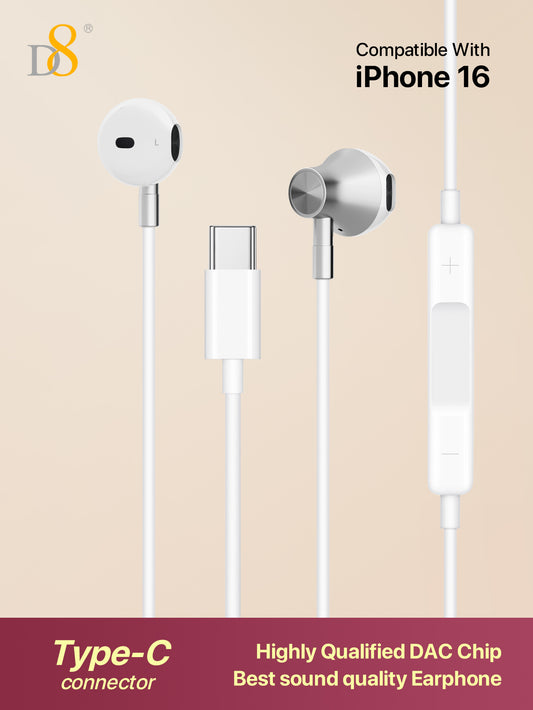 D8 1pc Type C Headphones In Ear Earphones Earbuds With Mic And Volume Control, Compatible With IPhone16 / IPhone16 Pro / IPhone 16 Pro Max/15 /15Puls/15Pro/15Pro Max/IPad Air 4/5/IPad Pro 12.9/11, IPad Pro /IPad Air/ IPad Mini/ Galaxy S23 S22 S21 Ultra S2