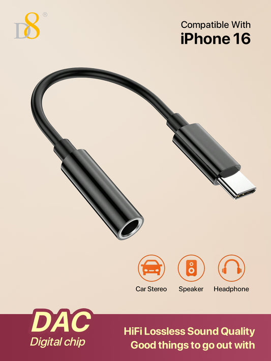 D8 USB Type C To 3.5mm Female Headphone Jack Adapter, USB C To Aux Audio Dongle Cable Cord Compatible With IPhone 16 / IPhone16 Pro / IPhone 16 Pro Max/ IPhone15/15 Pro Max/15 Pro, Galaxy S24/S23/S22/S21 Ultra, IPad Pro, Pixel 8