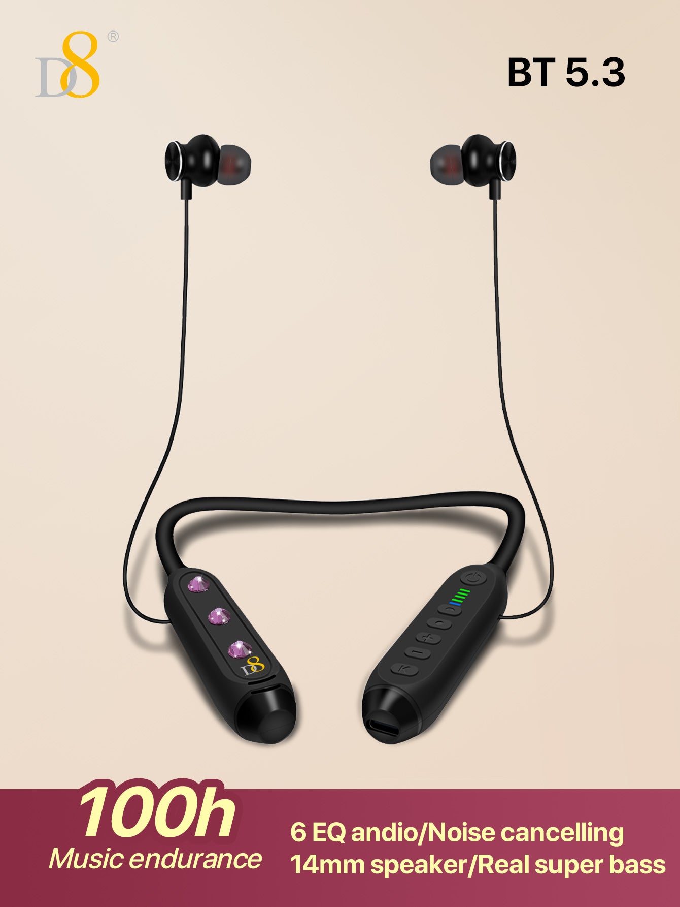 D8 Neckband Wireless Headphones – 100H Playback, Waterproof, Mic, Workout Ready