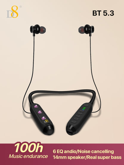 D8 Neckband Wireless Headphones – 100H Playback, Waterproof, Mic, Workout Ready