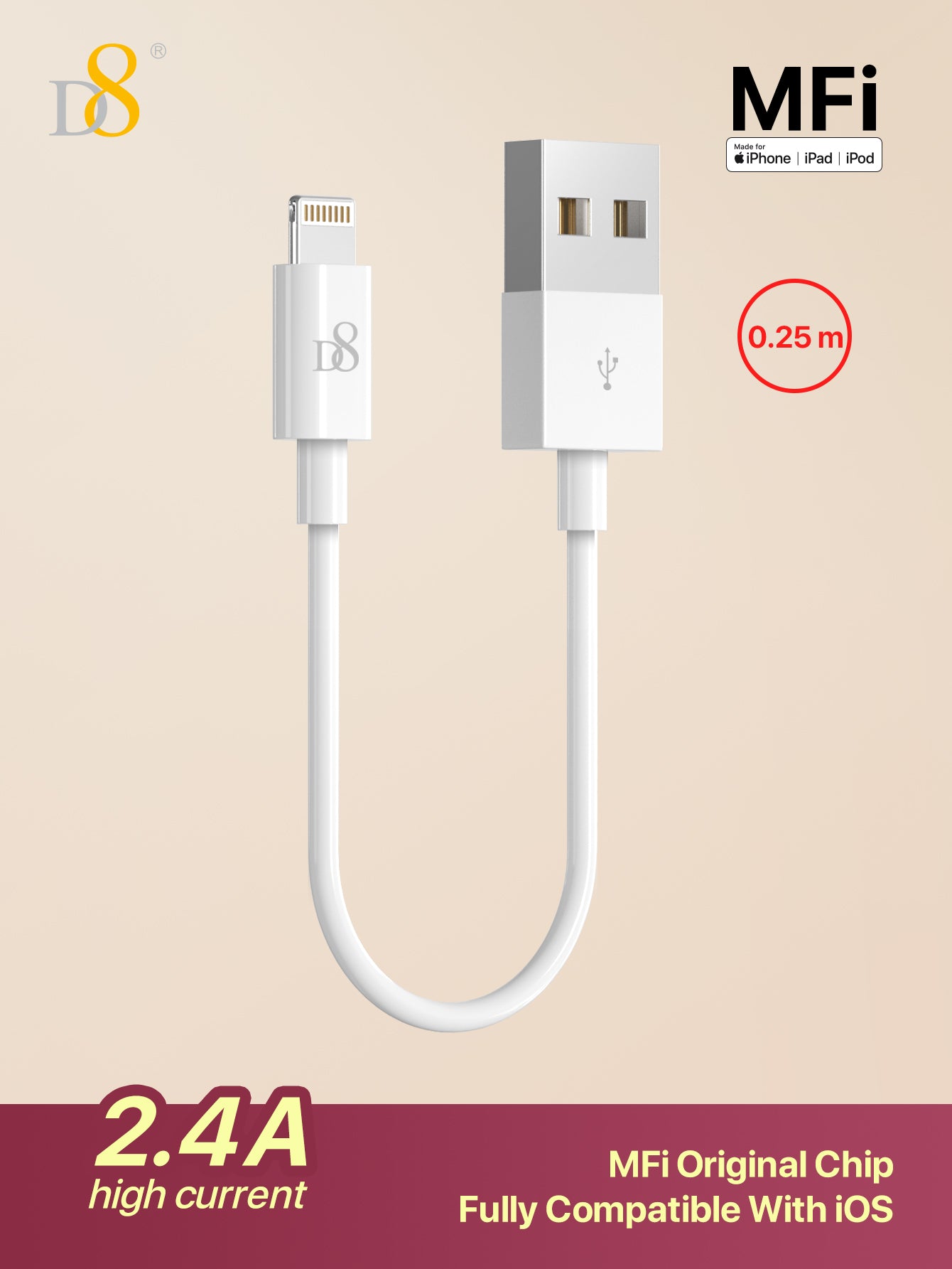 D8 IPhone Charger Cable, (0.25M) TPE USB A To Lightning] MFi Certified Charger Cable , USB 2.0 Lightning Charger Cable, 2.4A Fast Charging Compatible With  IPhone 14 Pro/13 Mini/13/12/11 Pro MAX/XR/XS/8/7/Plus/6S/SE/IPad