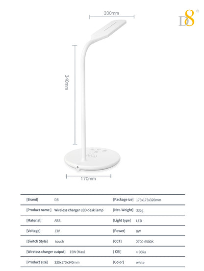Wireless Charging LED Desk Lamp - Touch Dimmable, 15W Output