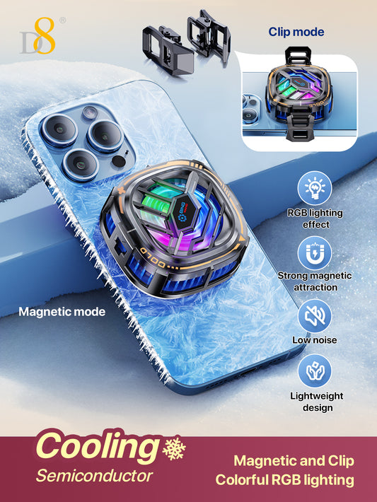 D8 Phone Cooler, Cellphone Radiator With Dual Semi-Conductor Cooling Chip, Mobile Phones With A Width Of 6 To 8 Cm For Live Streaming, Outdoor Vlog, Mobile Gaming.