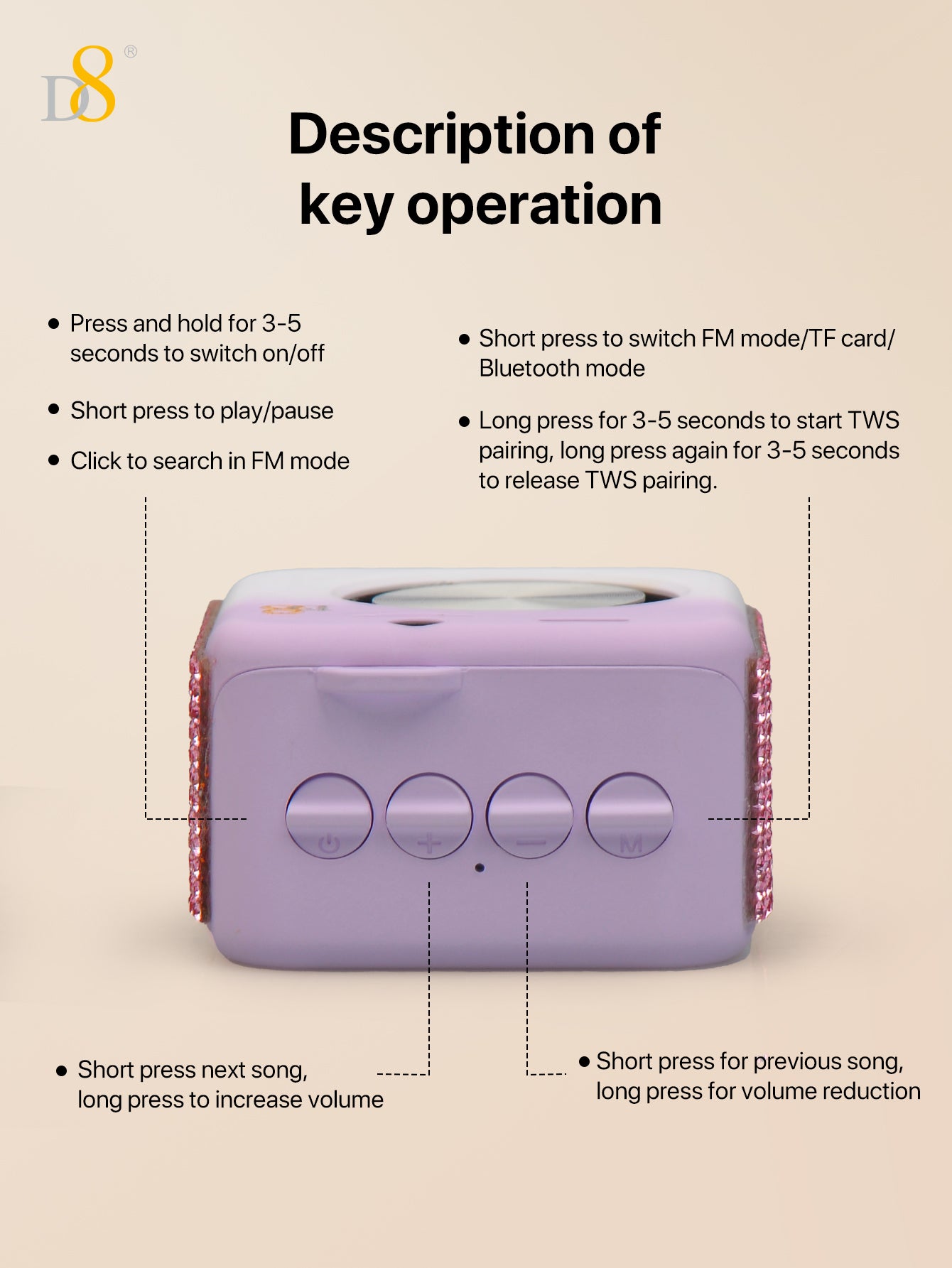 D8 Portable Bluetooth Speaker – 10H Playtime, 5W Stereo Sound, Mic, Outdoor Ready
