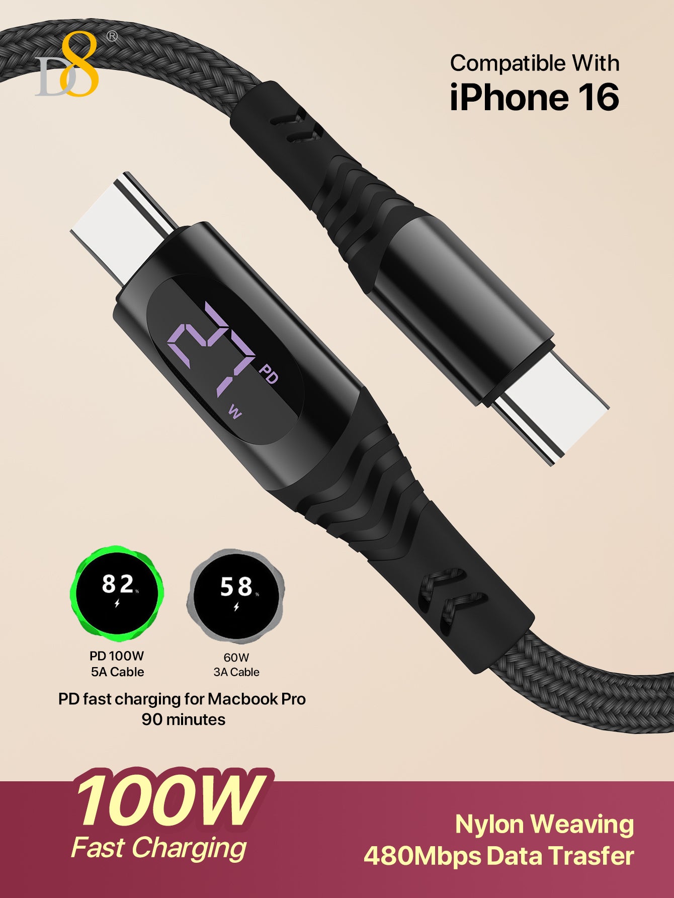 D8 USB C To USB C Cable, 1.2M New Nylon 100W/5A PD Fast Charging Charger Wire Cord With LED Display, Braided USB C Cable Real Time Fast Charging Usb C Cable Phone Accessories Usb Cables Compatible With IPhone 16 / IPhone16 Pro / IPhone 16 Pro Max/15 Max/1