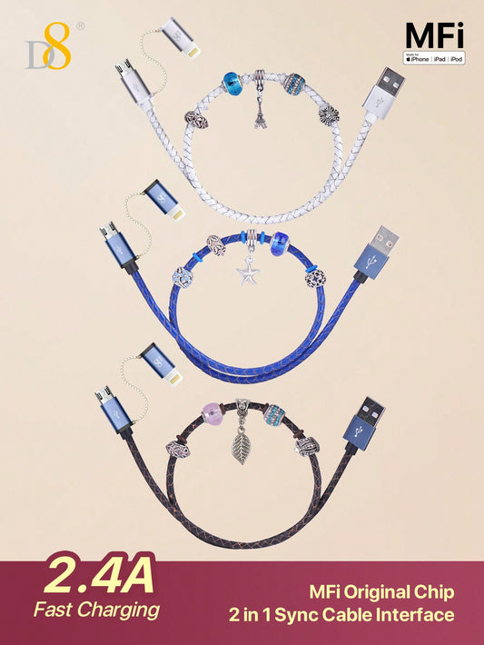 
Dynamic8 Apple MFi certified beaded handmade 2-in-1 cable for iPhone and iPad
