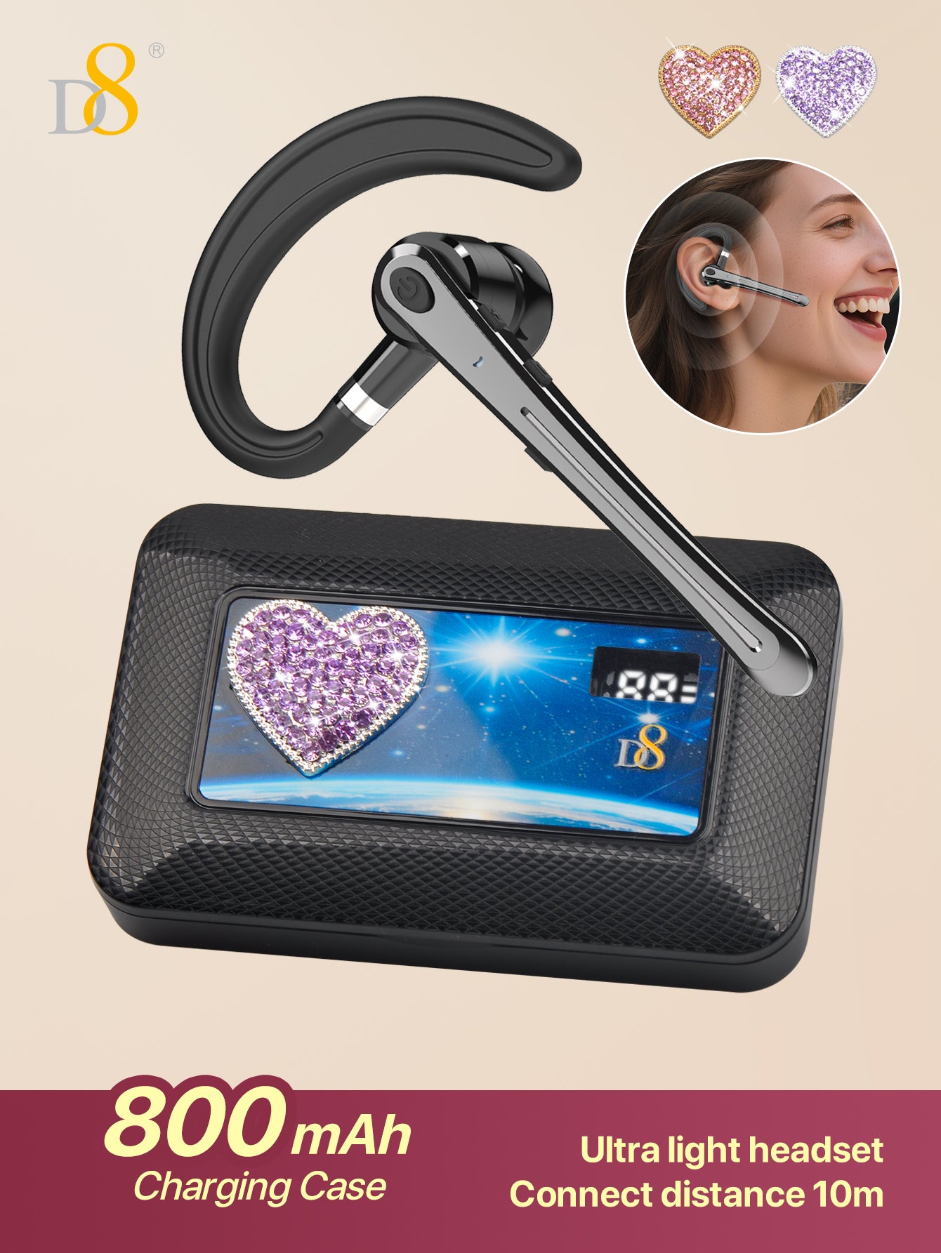 D8 Wireless Earbuds – LED Battery Display, Deep Bass, Noise Canceling