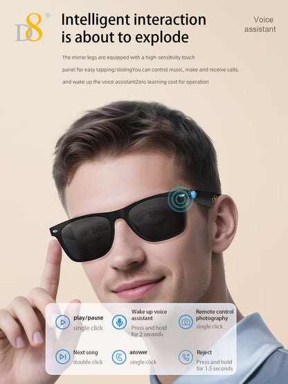 D8 Smart Bluetooth Glasses,Built-in Mic & Speakers,Smart Wireless Headphone Sunglasses for Men and Women,Athletic/Outdoor UV Protection and Voice Control,Unisex(Black)