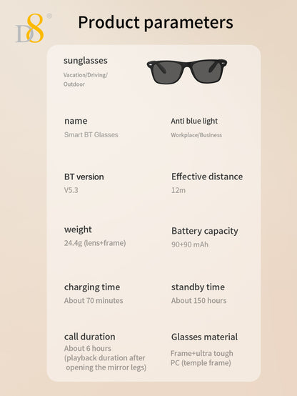 D8 Smart Bluetooth Glasses,Built-in Mic & Speakers,Smart Wireless Headphone Sunglasses for Men and Women,Athletic/Outdoor UV Protection and Voice Control,Unisex(Black)