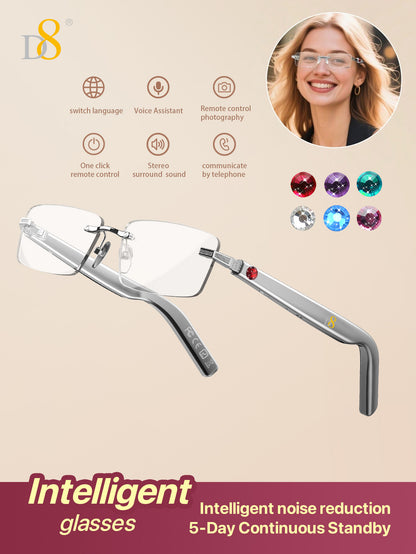 D8 Smart Bluetooth Glasses for Women, Blue Light Filtering Photochromic Transition Lenses, Touch Control and Voice Control, Professional-Grade Eye Protection, Ultra-Light Wireless Eyewear for Office/Reading