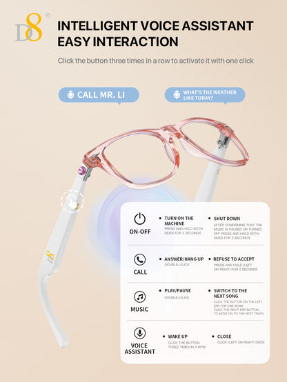 D8 Smart Bluetooth Glasses for Women, Blue Light Filtering Photochromic Transition Lenses, Touch Control and Voice Control, Professional-Grade Eye Protection, Ultra-Light Wireless Eyewear for Office/Reading