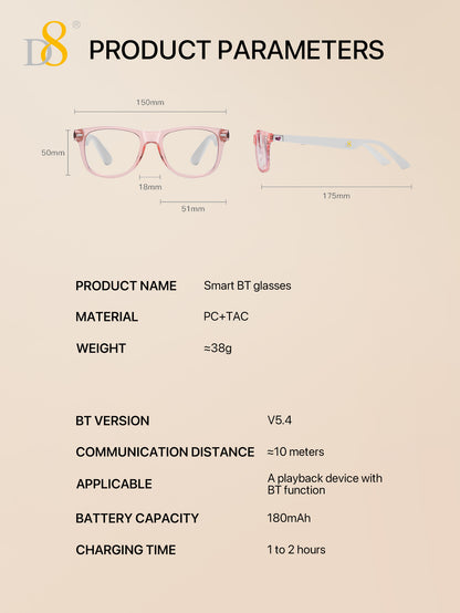 D8 Smart Bluetooth Glasses for Women, Blue Light Filtering Photochromic Transition Lenses, Touch Control and Voice Control, Professional-Grade Eye Protection, Ultra-Light Wireless Eyewear for Office/Reading